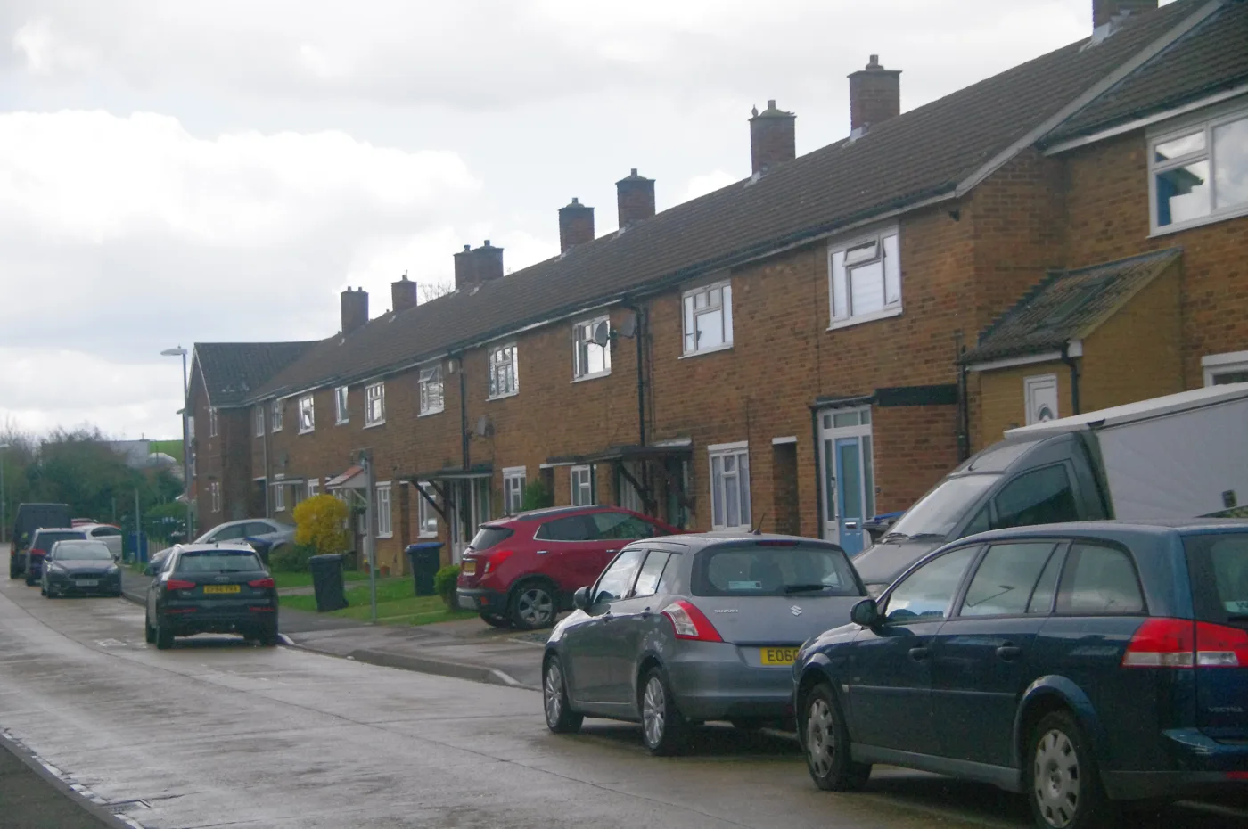 Terraced houses in Broadfelds, Harlow. Bins have to be at the property boundary by 7am, and the crews only take what is scheduled for that week's round